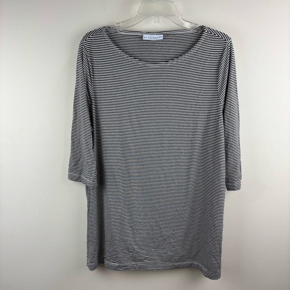 Bryn Walker gray and cream Striped scoop neck tee 3/4 sleeve size large capsule